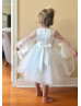 Bell Sleeve Ivory Lace Tulle Pearls Flower Girl Dress